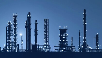 Obraz premium Silhouetted industrial skyline at night, showcasing illuminated towers and structures against a dark blue backdrop.