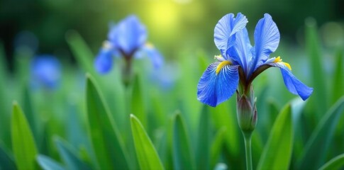 Blue irises peeking out from behind leaves in a garden bed, flower stems, petal textures, blue iris