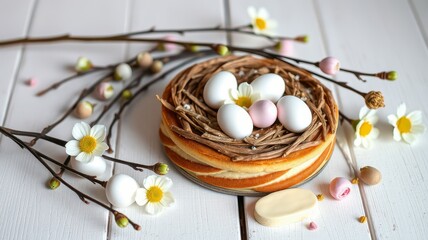 Creative pastry arrangement with a nest and eggs displaying spring themes