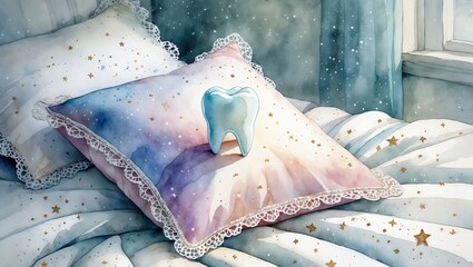 white tooth on a pillow on a child's bed,	for national tooth fairy day, watercolor