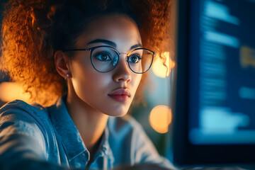  A focused young woman with curly hair and glasses works on a computer, illuminated by screen light, symbolizing coding, technology, and digital innovation.