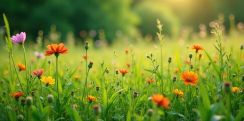 Overgrown wildflowers in a field of tall grass, serene, foliage, botanical