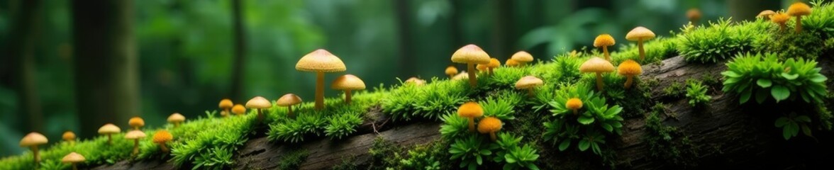 Fototapeta premium Overlapping layers of moss and small mushrooms on decaying wood in the rainforest, forest floor, biodiversity