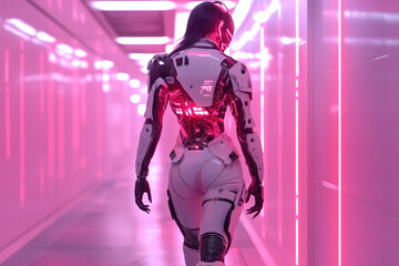 Cybernetic humanoid walks futuristic corridor.