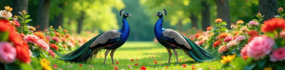 Fototapeta premium Peacocks in a symmetrical row amidst lush flowers and foliage, symmetry, nature