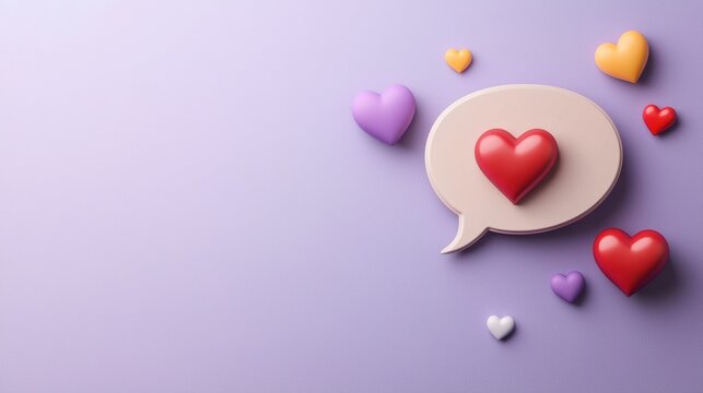 Heartfelt speech bubble with hashtag icons on purple background