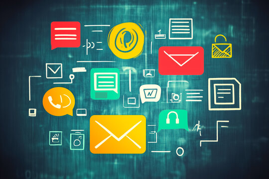 A collection of colorful communication icons representing email, messages, social media, and online connectivity in a digital world.
