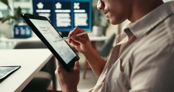 Hands, tablet and writing with graphs, accounting and stylus for review, process and info in office. Person, charts and notes with digital touchscreen, feedback and fintech on application at startup