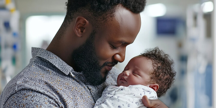 a dark-skinned young father holds his newborn son in his arms and rejoices at his firstborn