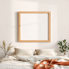 Picture frame in a bedroom mockup 