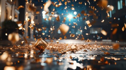 A pile of shiny gold coins stacked together on a wooden surface in bright lighting
