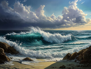  Stormy Beach with Waves and Dramatic Cloudscape