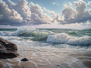  Stormy Beach with Waves and Dramatic Cloudscape