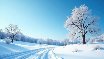 Obraz premium Snowy landscape with bare trees under a bright blue sky, icy, serene, frosty