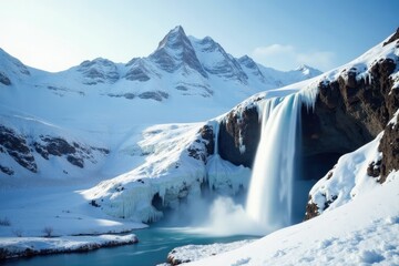 Snowy mountain range with a frozen waterfall cascading down the rocky slope, serene, natural, waterfall