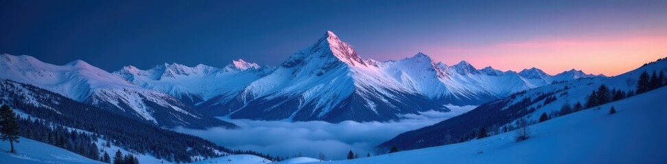 Fototapeta premium Snowy peaks of Carpathian Mountains bathed in milky glow, snowy mountains, peaceful, night sky