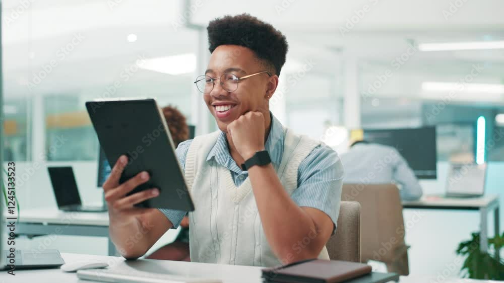 Poster Happy man, web designer and research with tablet for app development or UX and UI testing at office. Male person, software developer or programmer with smile on technology for AI or online prototype