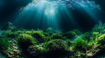 Fototapeta premium Underwater sunlit seagrass meadow, ocean floor, marine life background, nature documentary