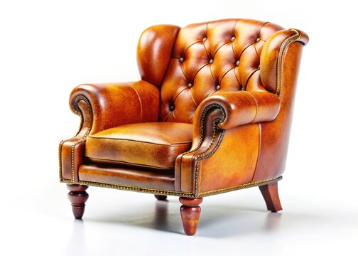 Vintage Leather Armchair, Wooden Legs, Cozy Traditional Style, Tilt-Shift Photo, Isolated White Background