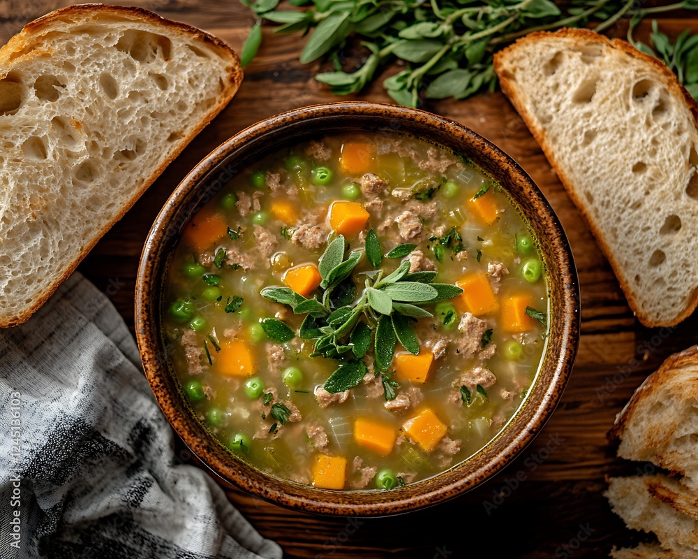 Wall mural Hearty stew, bread, rustic wood, overhead shot