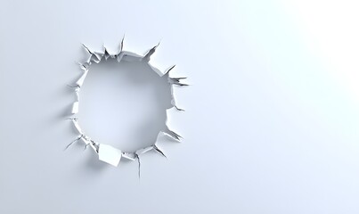 Circular hole in white wall; destruction; background is plain; for concepts of breakthrough, escape