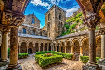 Fototapeta premium Vintage Sant Pere de Rodes Cloister: Spanish Monastery, Architectural Photography, Old Photo, Historic Spain