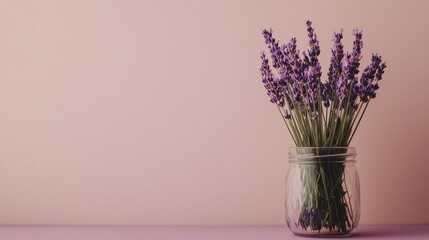 Lavender arrangement in glass jar beige background photography