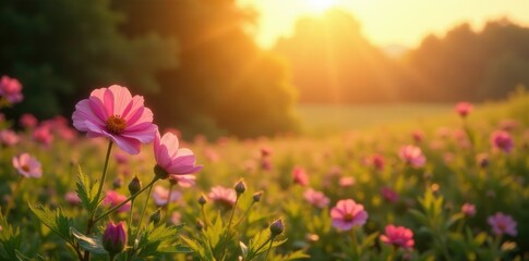 Obraz premium warm sunlight filtering through blooming flowers, landscape, nature, greenery