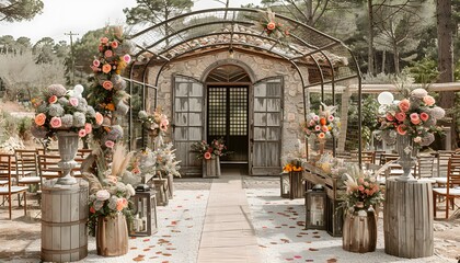 Arch of white balloons and golden shiny confetti.
