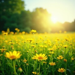 Obraz premium Warm sunlight illuminates a sea of yellow wildflowers in a tranquil meadow, field,