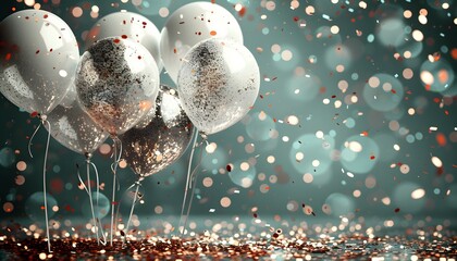 Arch of white balloons and golden shiny confetti.