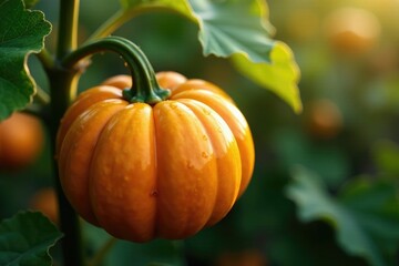 Water drop glistening on a golden orange pumpkin vine, pumpkins, pumpkin, glisten