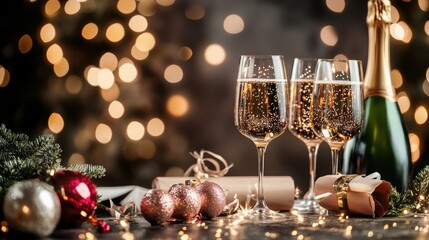 Two glasses of champagne surrounded by christmas decorations and twinkling lights on a festive table setting