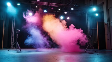 Smoke bomb emitting colorful smoke in a dark room creating a dramatic visual atmosphere