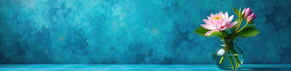 Obraz premium Blue foil background with a vase of fresh water lilies, blue, water lily, green