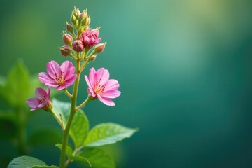 Obraz premium Delicate stems with pink flowers and green leaves, cyan, leafs