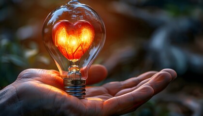 Hand holding light bulb with heart shape glowing red.