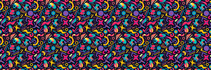 Obraz premium Seamless pattern with geometric shapes in the style. Multicolored vintage background with triangles, circles and squares for textile, fabric and Sudanese fabric art.
