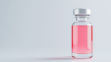 Clear vial with pink liquid on white background
