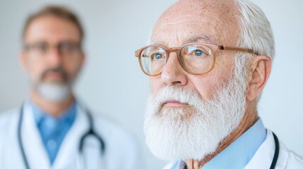 Senior doctor thoughtful gaze, colleague blurred background, medical consultation