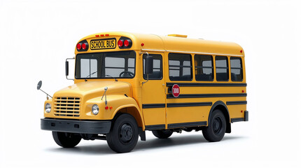 Classic yellow school bus parked on white background