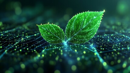 Glowing Green Leaves on a Digital Network