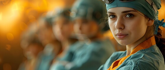 Group of young nurses standing welcoming team in hospital.