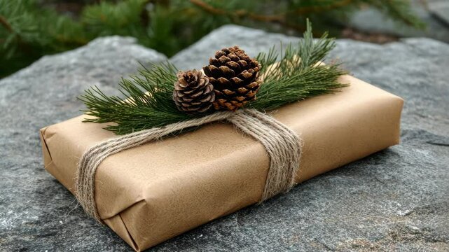 Rustic gift box with pinecones and evergreen on stone surface