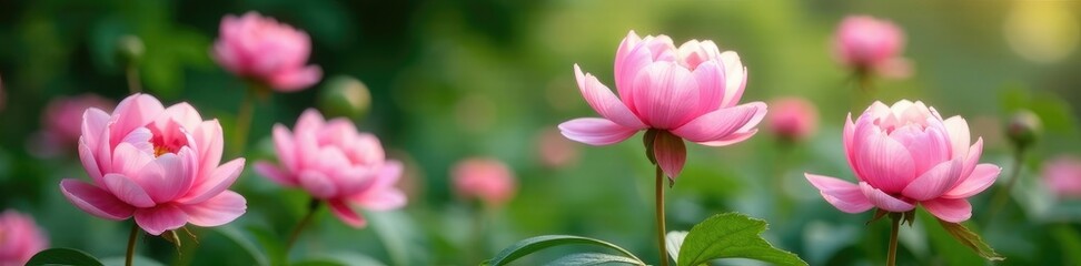 Obraz premium Pastel pink peonies in a lush garden backdrop, garden, nature, peony