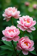 Obraz premium Pastel pink peonies in a lush garden backdrop, floral, gardenia, blooming