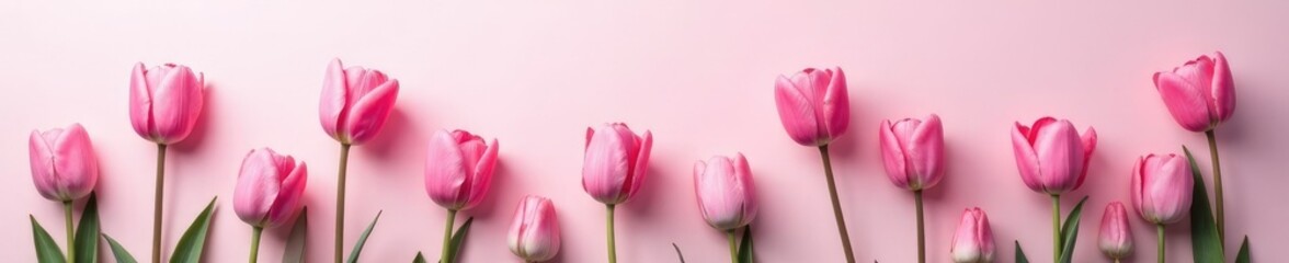 Fototapeta premium Pastel pink tulips scattered on a monochrome round background, blossoms, soft