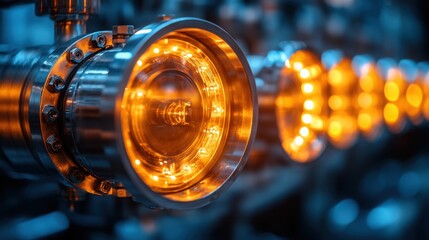 Industrial Machinery with Bright Orange Lights Showing Advanced Technology and Precision Engineering in a Modern Factory Environment
