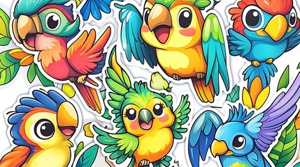 Obraz premium Vibrant Hand-Drawn Illustration of Playful Parrots in Tropical Setting AI Generated