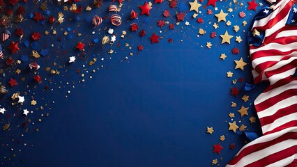 Fototapeta premium A festive, flat lay composition featuring red, white, and blue striped ribbons,